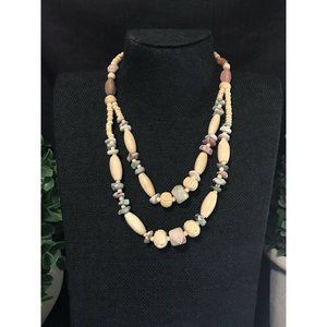 Carved Bone & Pastel Color Natural Stone Beaded Layered Vtg Necklace